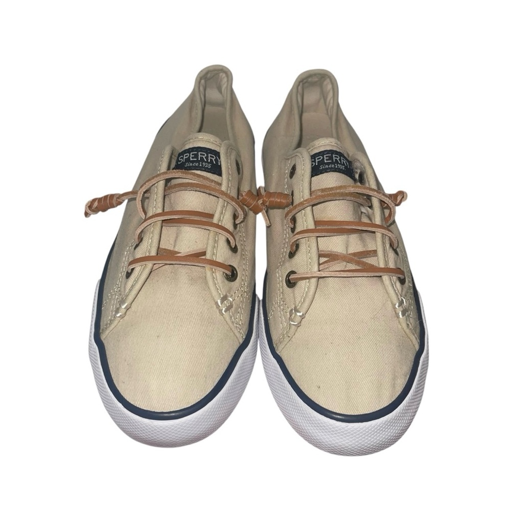 Sperry Womens Pier View Sneaker Size 7.5 Tan Canvas Boat Shoe Top Sider